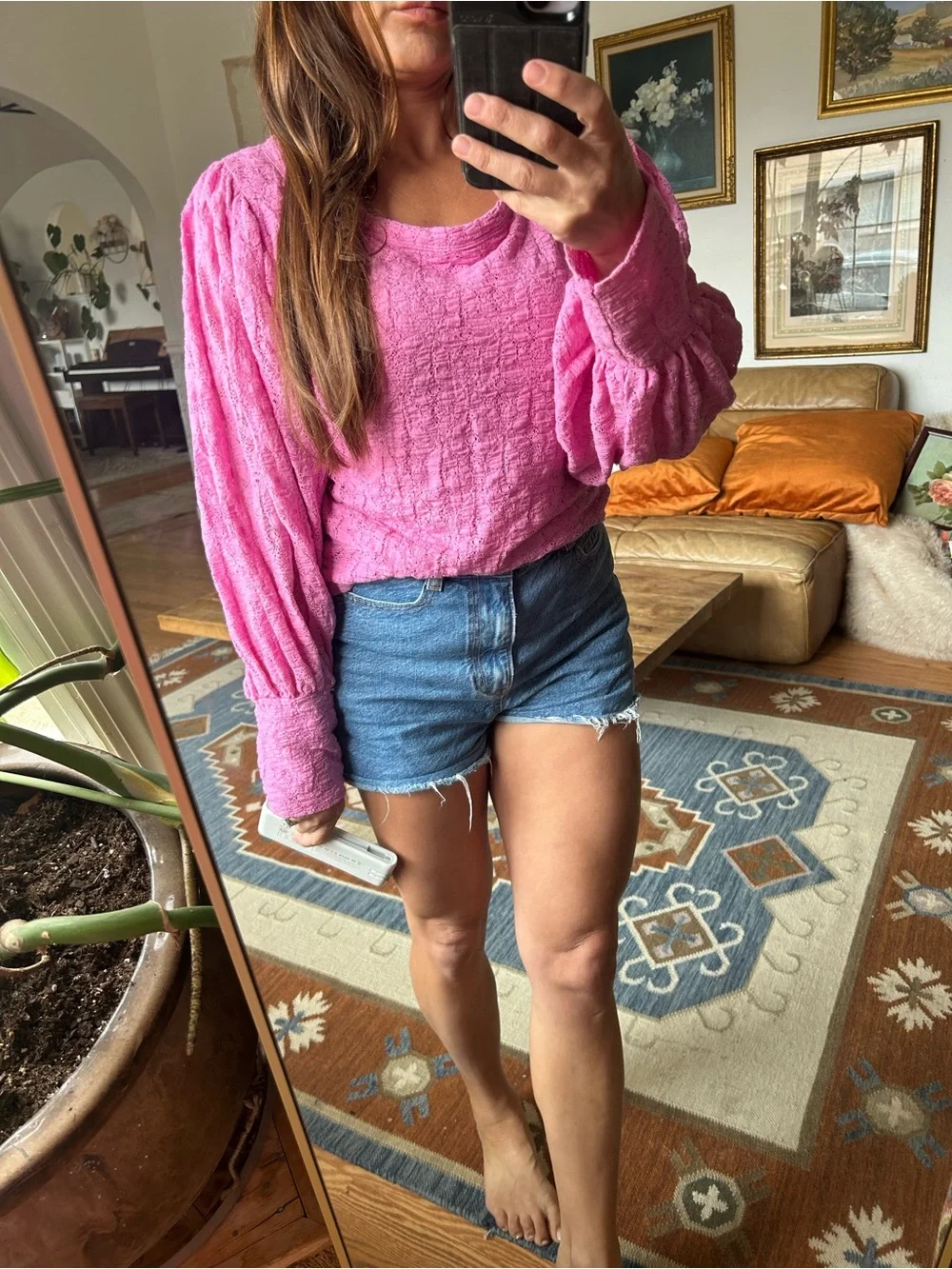 Free People Pink Lace Long-Sleeve puff Blouse